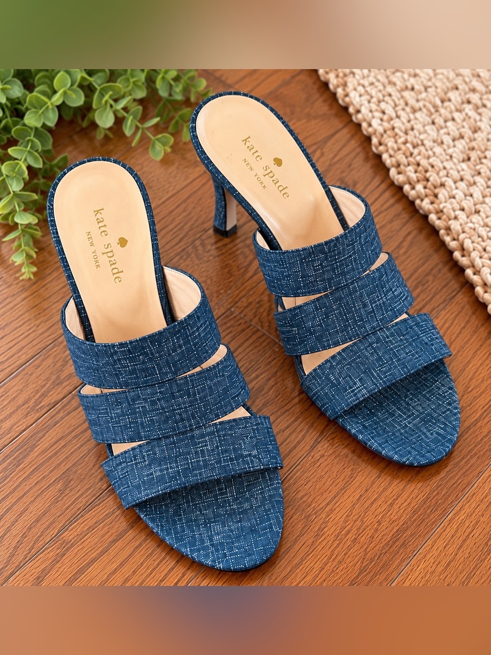 Kate Spade Blue Denim Triple-Strap Mule Heels | Size 8.5
